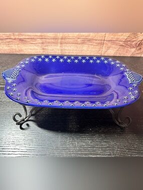 Longaberger Pottery "Proudly American" cobalt blue serving platter W/ Holder